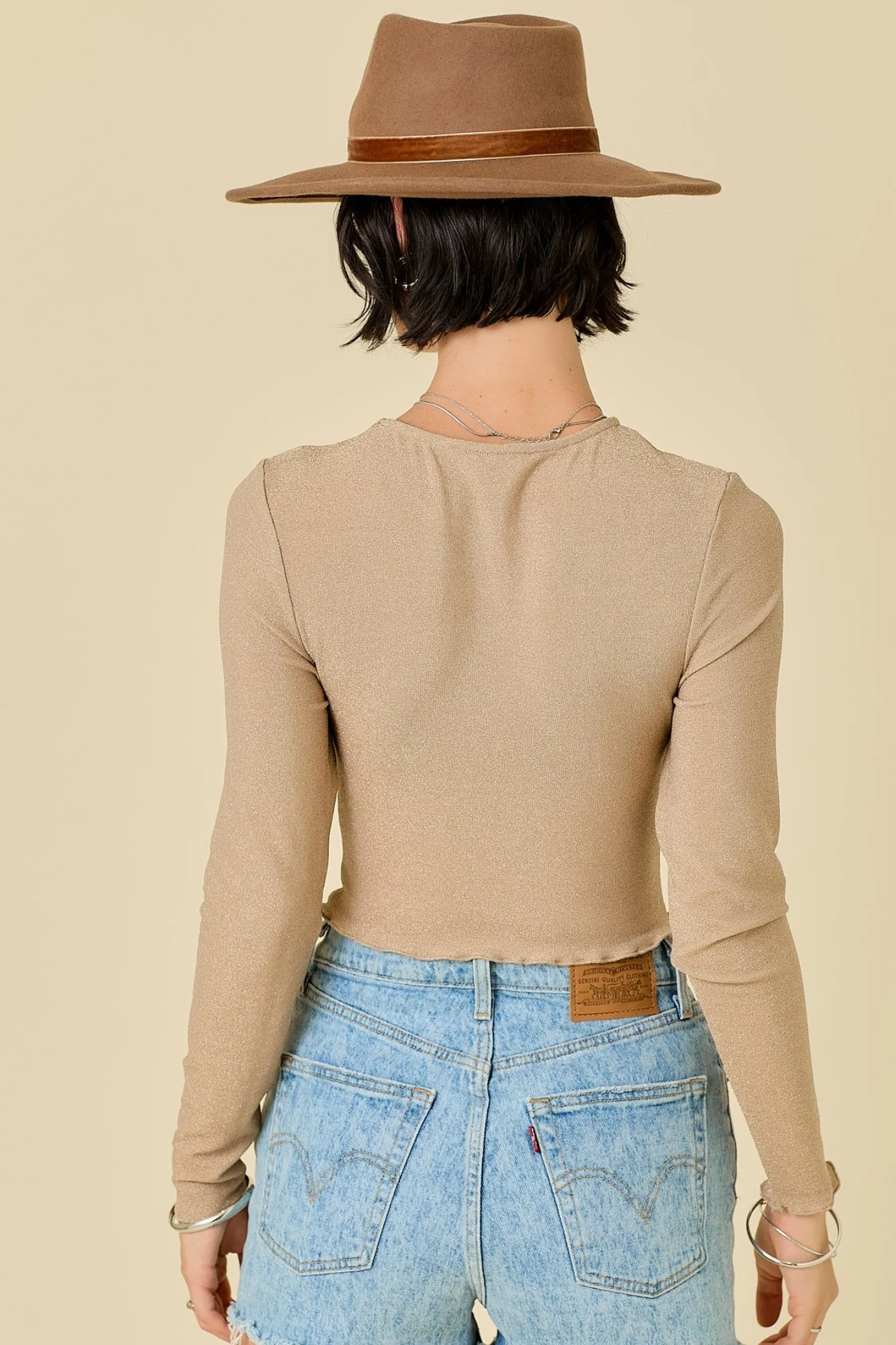 Shiny Long Sleeve Top in Champagne - Image 3